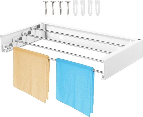 Sostegno per parete 50 cm estendibile con 4 ganci, attacco per abiti, asciugamani e capi da appendere, pieghevole, spazievendente, alta capacità di carico, dimensioni 50 x 25 x 7 cm.
