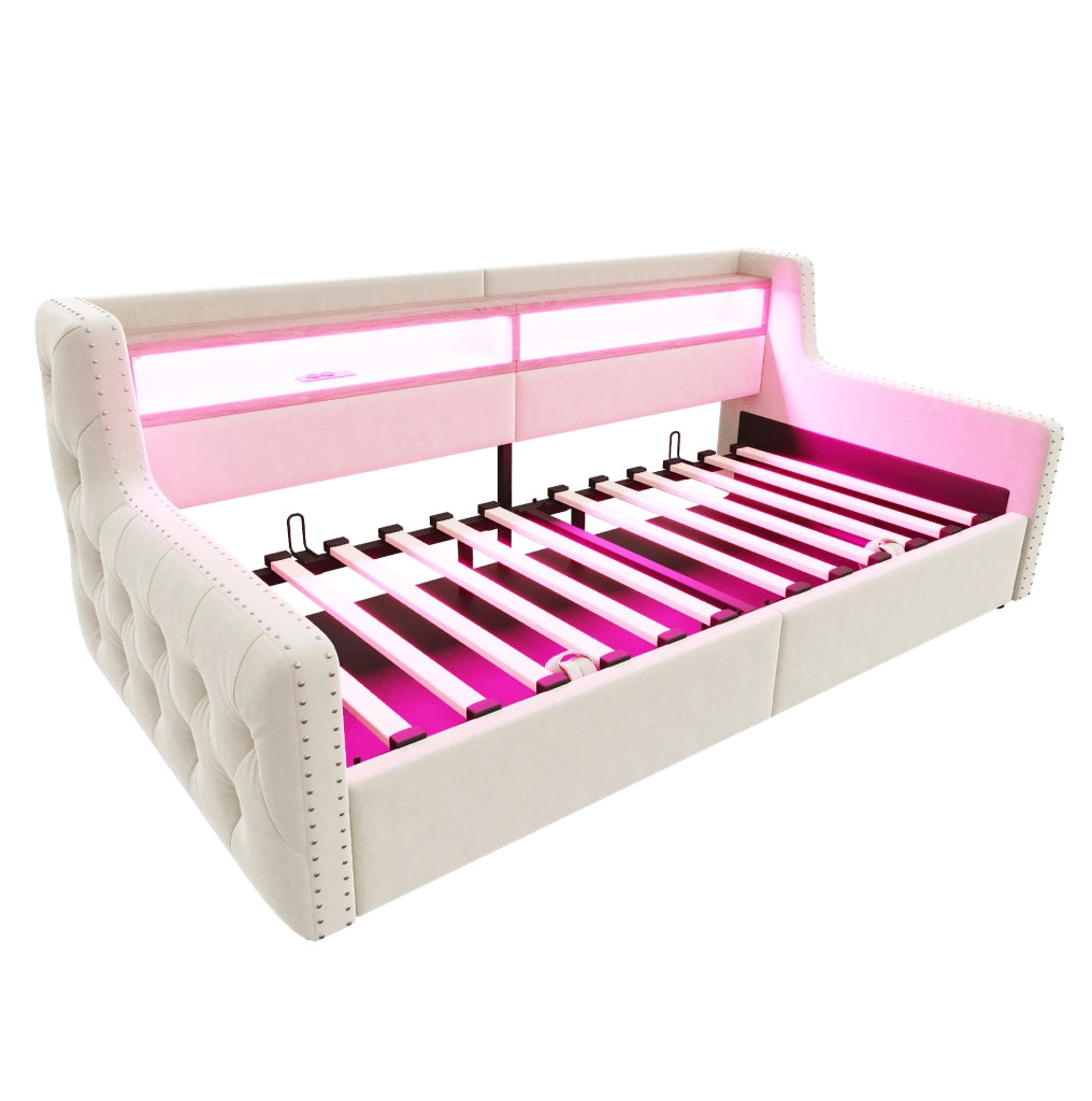 Divano letto 90x200 cm; con LED e vano contenitore; velluto beige