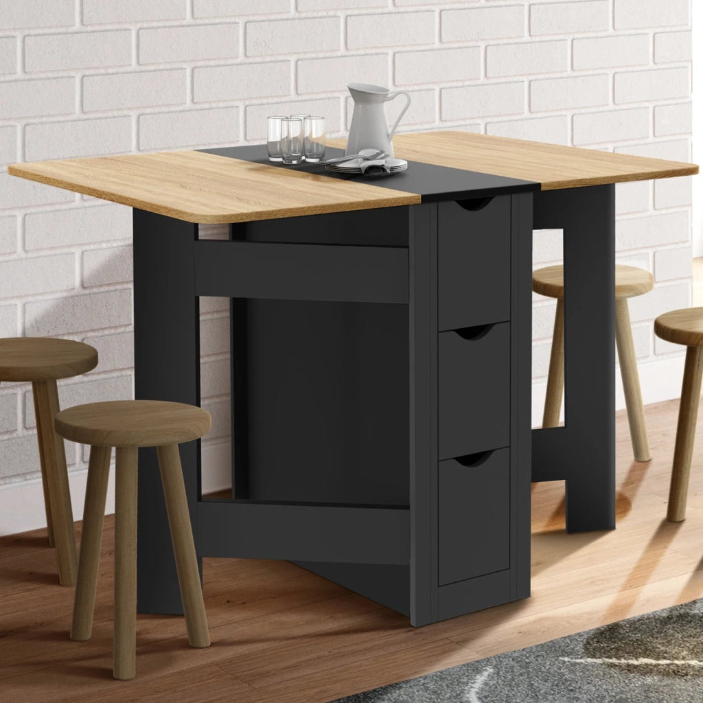 IDMarket - EDI Consolle pieghevole per 2-4 persone con 3 cassetti neri, piano effetto faggio 103 x 76 cm