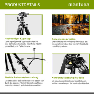 Mantona Basic Scout Treppiede fotografico , treppiede per fotocamera fino a 144 cm, con robusta testa a sfera, livella a bolla, colonna centrale reversibile, 17990, altezza di lavoro: 142 cm