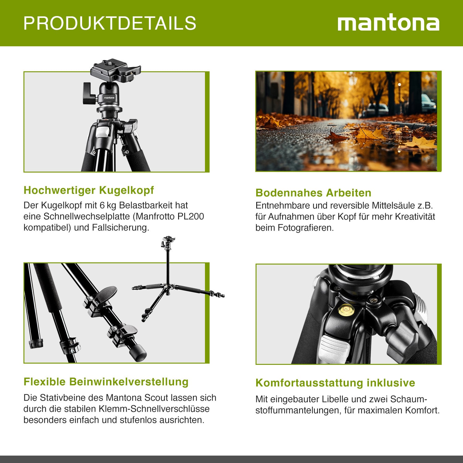 Mantona Basic Scout Treppiede fotografico , treppiede per fotocamera fino a 144 cm, con robusta testa a sfera, livella a bolla, colonna centrale reversibile, 17990, altezza di lavoro: 142 cm