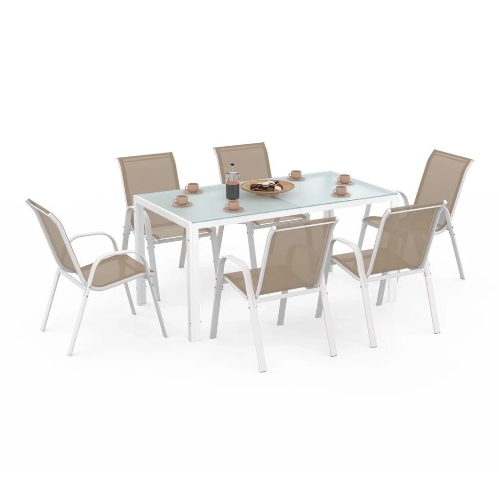 IDMarket - Set di mobili da giardino MADRID tavolo 150 CM e 6 sedie impilabili bianco e beige