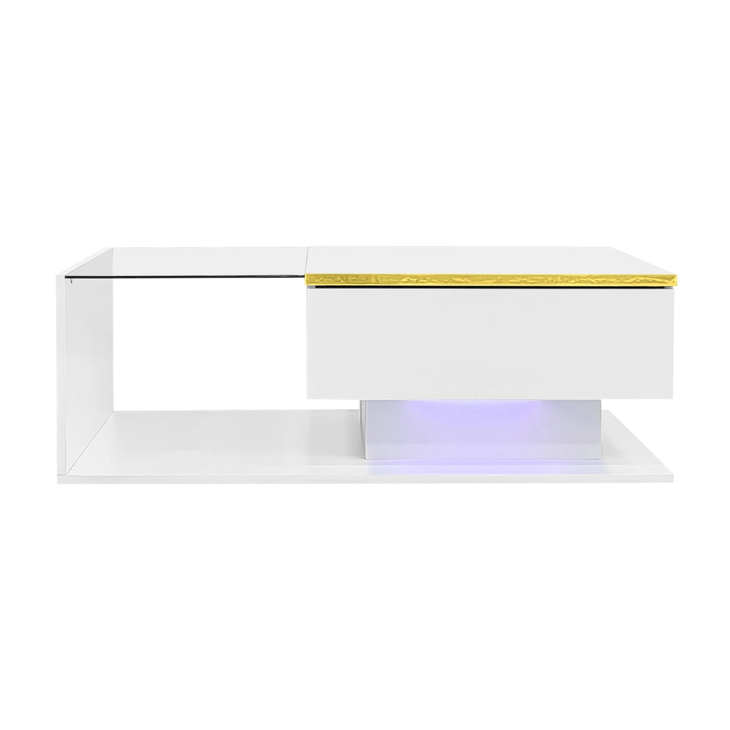 Tavolino da caff¨¨ 90 x 50 cm in bianco lucido con piano in vetro e LED