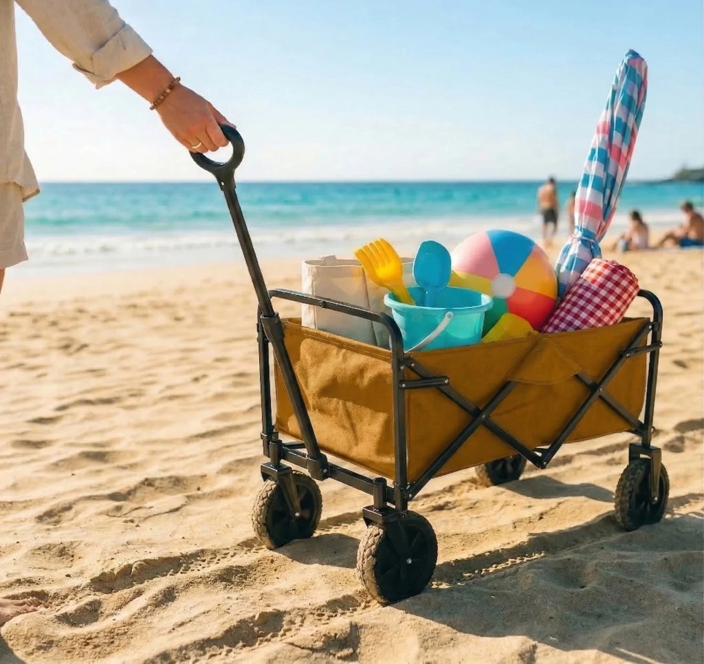 Carrello Pieghevole Trasporto per Spiaggia, Giardino e Spesa. 96 Litri, Max 65kg. Colore: Sabbia
