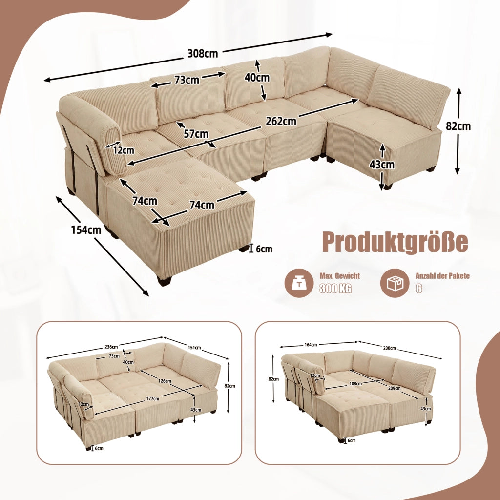Divano Modulare 6 Posti con Tasche Portaoggetti; Convertibile a U o L o Letto; Comfort Ergonomico; Struttura Legno Metallo in Velluto a Coste Cachi