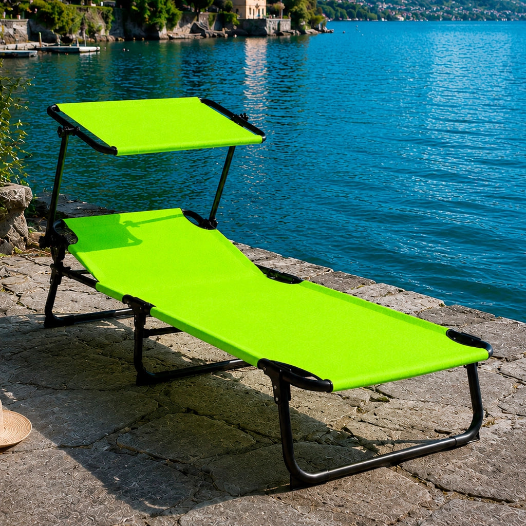 Lettino Prendisole Pieghevole Con Tettuccio Parasole Schienale Reclinabile Regolabile Telaio In Metallo Nero 187 x 53 x 24 Cm Verde Fluo