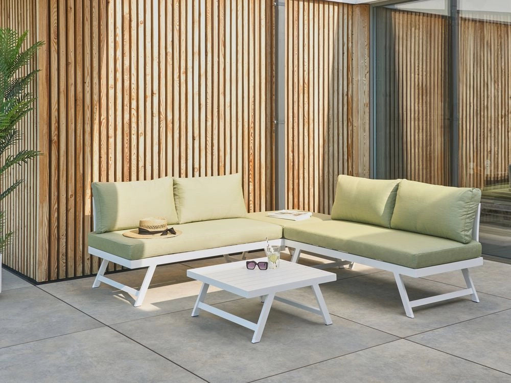 Set Divani Da Giardino 5 Posti verde e bianco Struttura Bianca Sedili Regolabili Tavolino Design Moderno