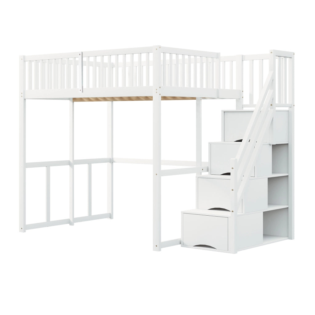 Letto a soppalco 140x200 cm con scala contenitore e sponda di sicurezza; in legno di pino bianco