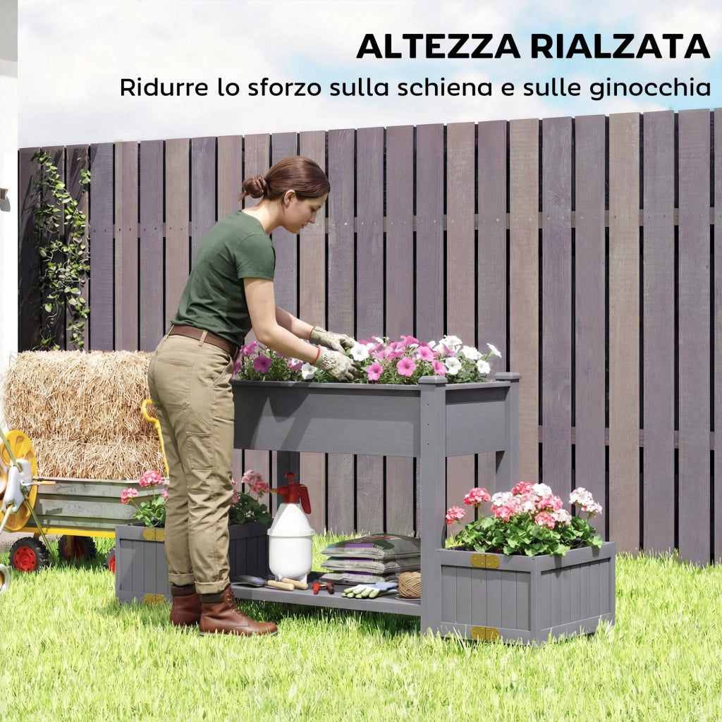 Fioriera Rialzata con 2 Vasi Laterali e Ripiano per Attrezzi, in Legno di Abete, 149x46x76 cm, Grigio