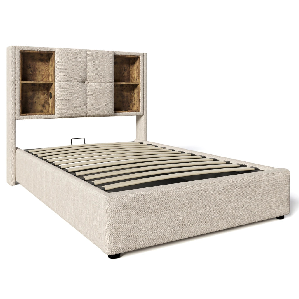 Letto imbottito 90x200 cm in lino naturale con ricarica wireless, USB e vano contenitore