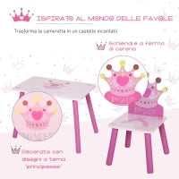 Set Tavolo e 2 Sedie a Tema Principesse per Cameretta Bambini in Legno Rosa con Schienale a Forma di Corona