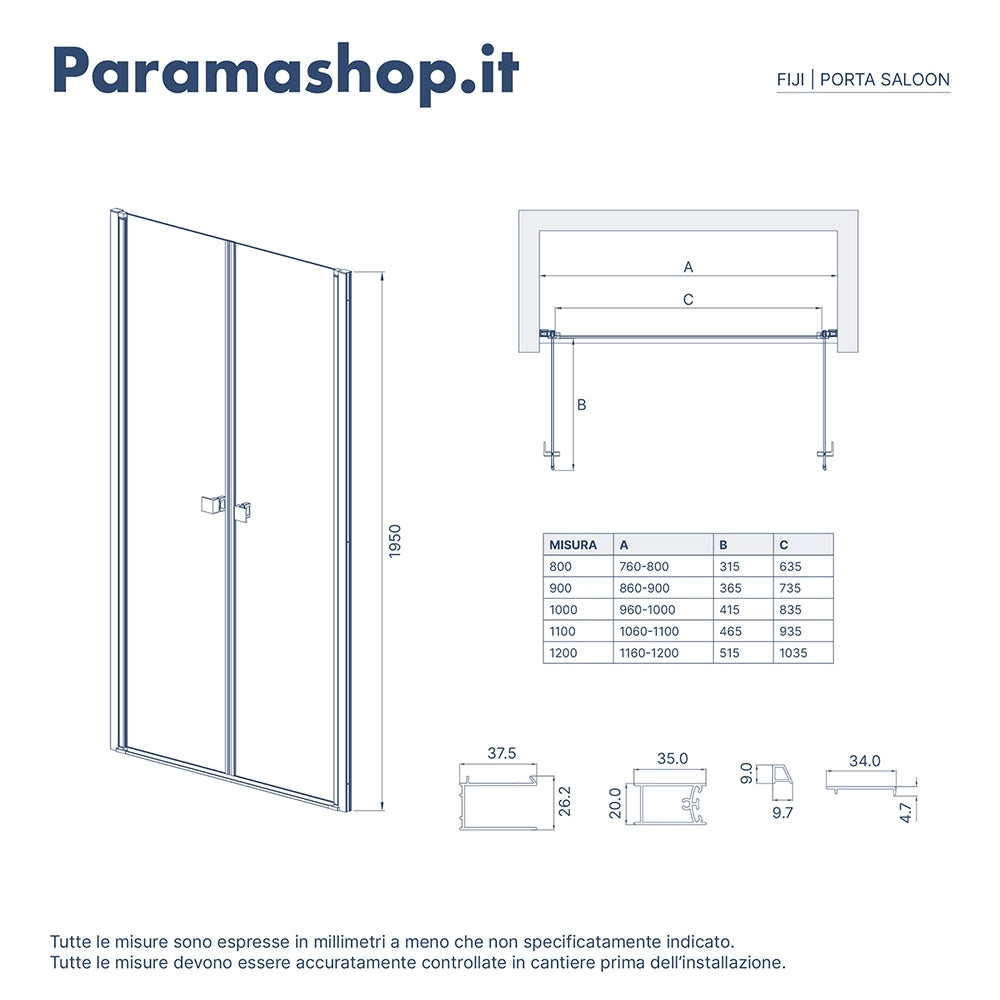Porta doccia 120cm apertura saloon con profili nero opaco e vetro da 8mm trasparente h195 | Fiji