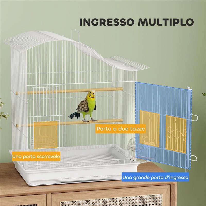 GABBIA PER UCCELLI A 4 PORTE CON 2 CIOTOLE, 2 POSATOI E VASSOIO, IN METALLO E PLASTICA, 47.5X36X54.5 CM, BIANCO
