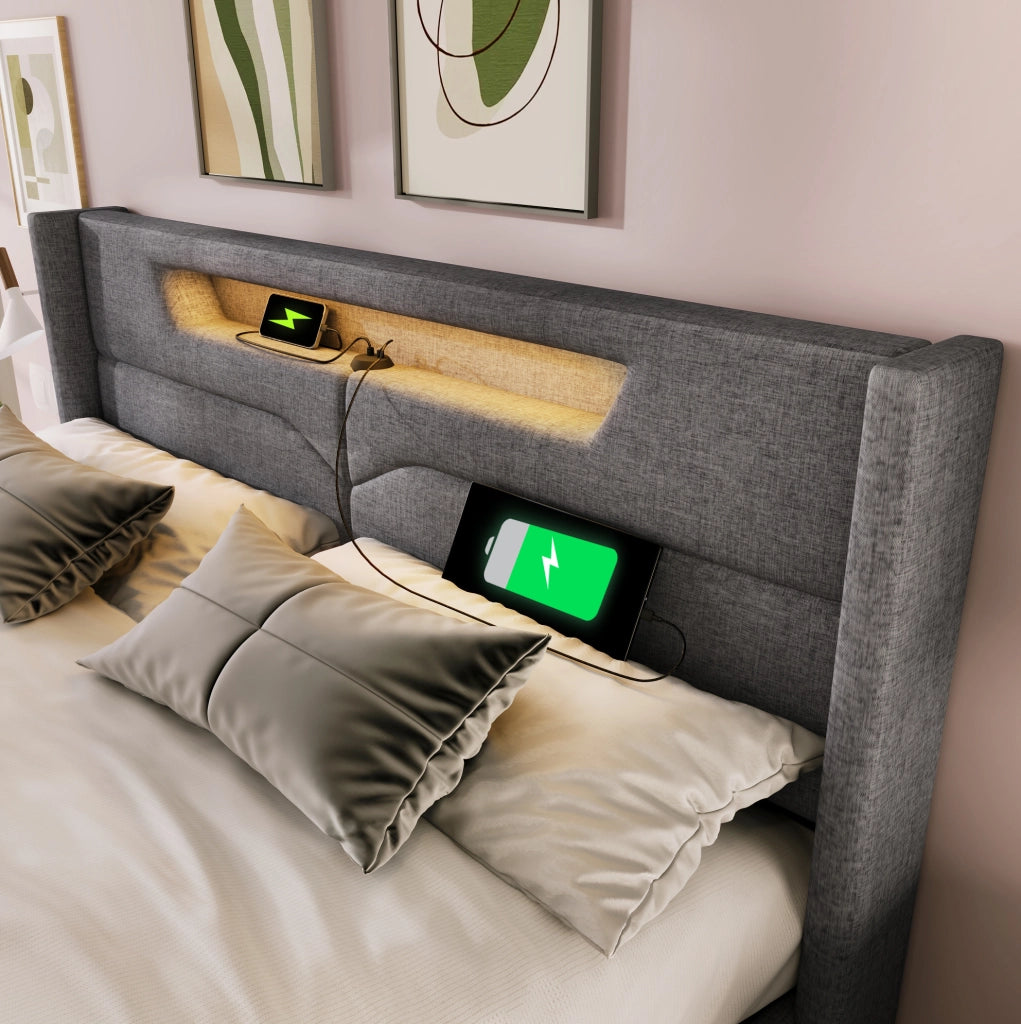 Letto matrimoniale LED con porta USB e Type-C; contenitore 160x200 cm; grigio