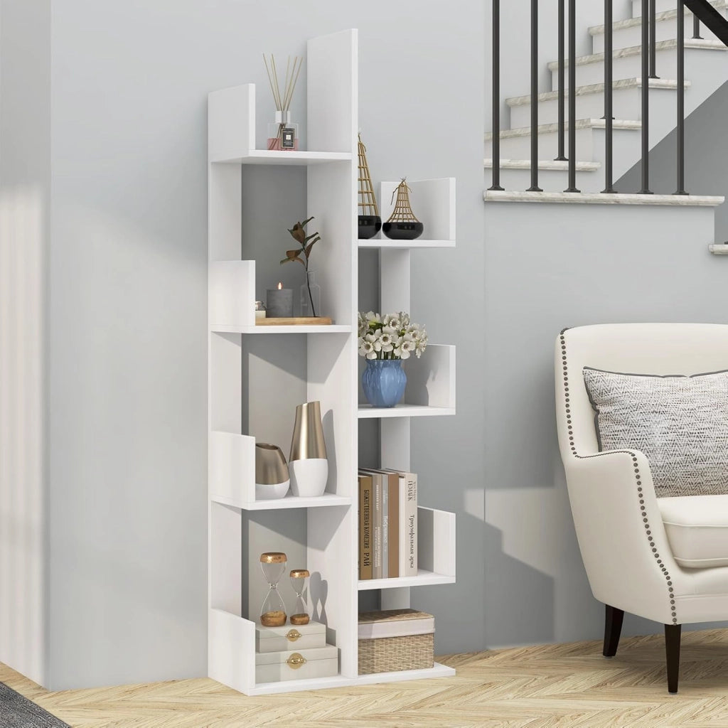Scaffale Libreria a Albero, a 8 Livelli, Ideale per Soggiorno, Studio e Ufficio, Stile Moderno, Nero/Bianco/Marrone, 50x24,5x145 cm (Bianco)