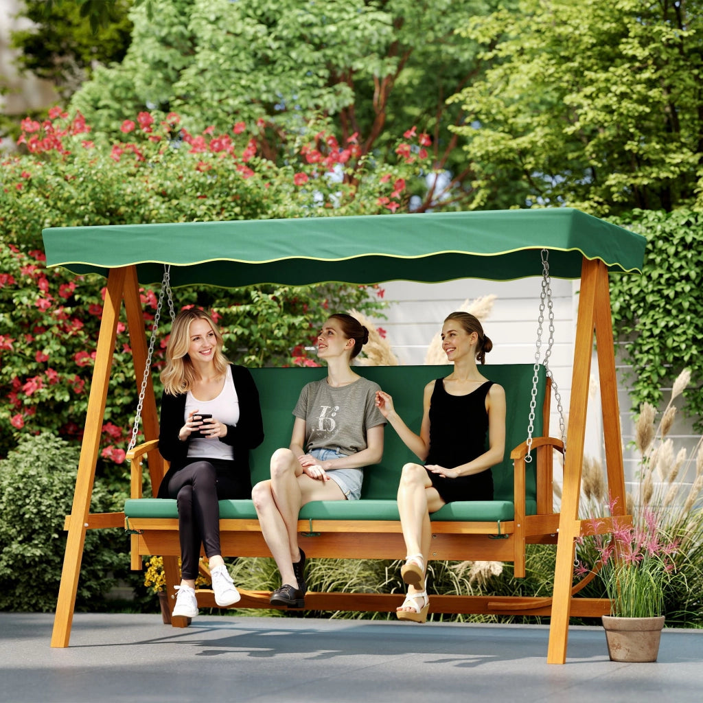 Altalena da giardino in legno massiccio a 3 posti con tendone solare inclinabile verde