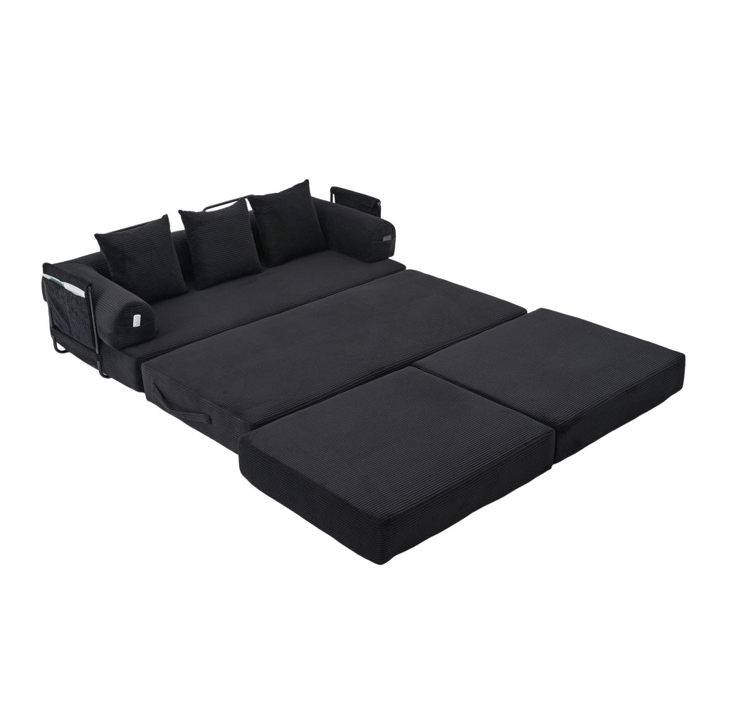 Sofa modulare in tessuto corduroy nero con struttura in metallo; 200 x 190 x 67 cm