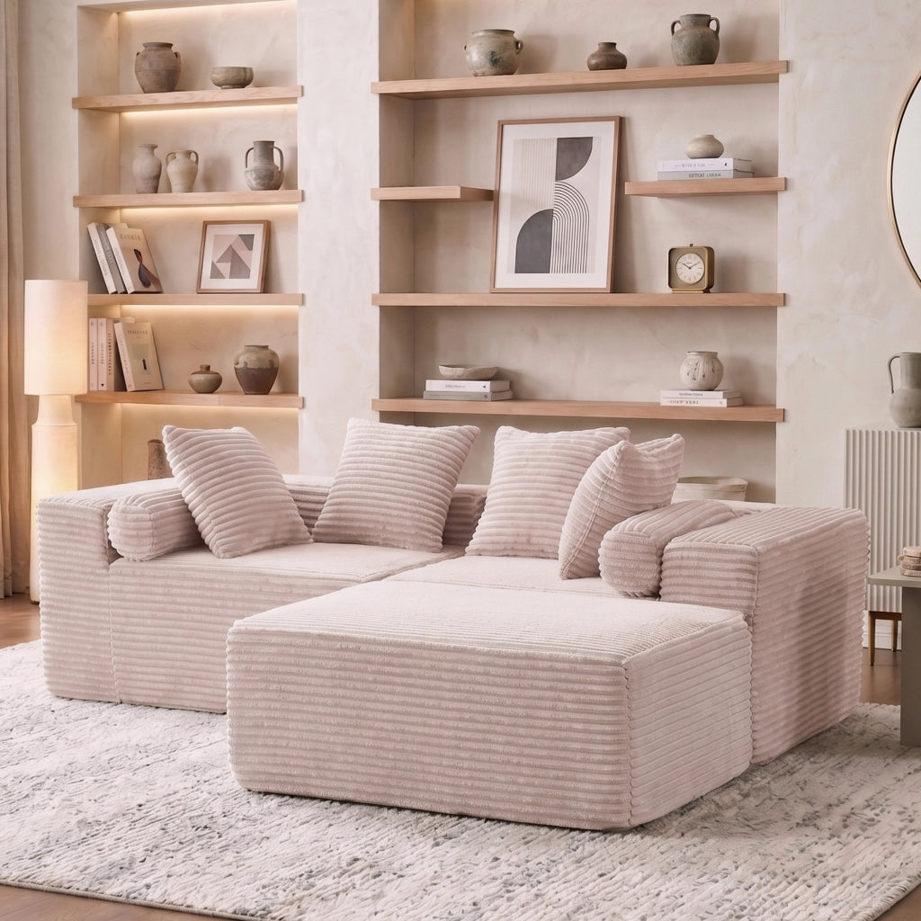 Divano modulare angolare con chaise longue senza montaggio e seduta morbida in schiuma e molle beige per soggiorno