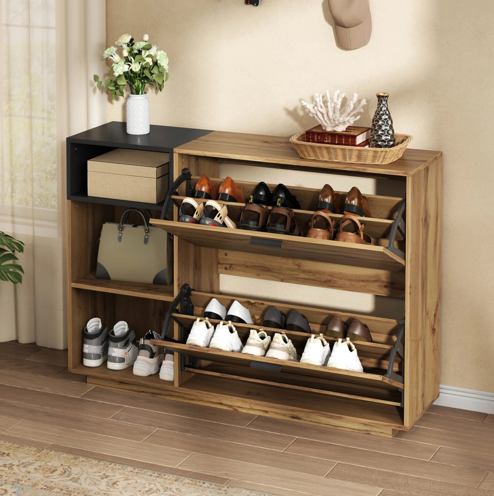 Mobile portascarpe 120x32x84;5 cm in MDF; con 3 vani aperti e 2 vani a ribalta; naturale
