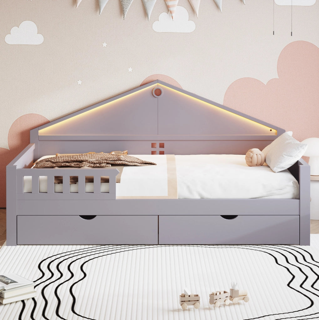 Letto singolo multifunzione 90x200 cm con LED e 2 cassetti; grigio in legno e MDF