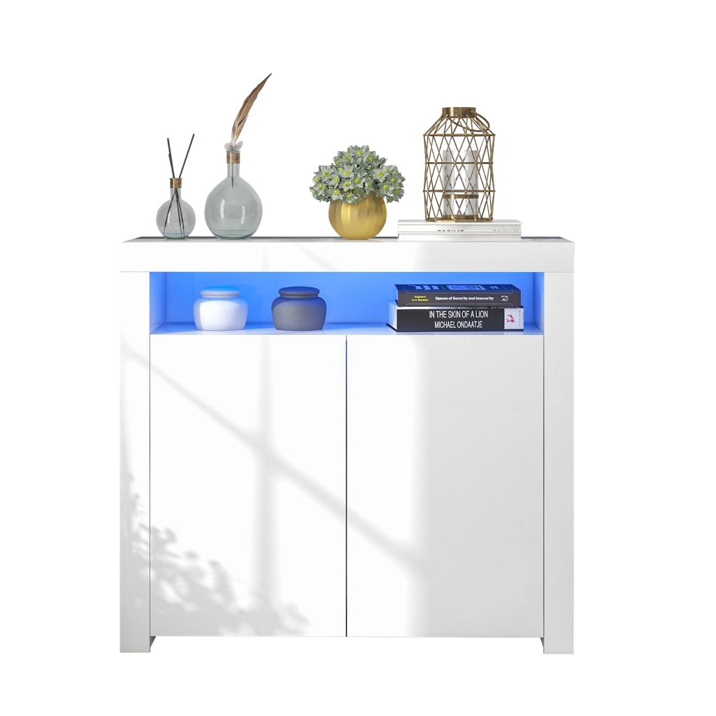 Credenza Sideboard Bianca con LED ¨C Xylo ¨C Legno Lucido, Mobile Soggiorno con Cassetti