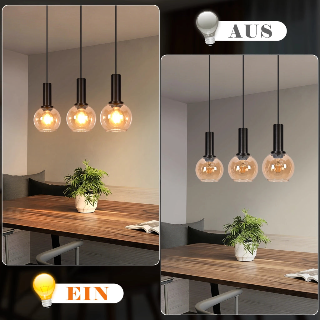 ZMH Lampada a Sospensione 3Luci Vintage in Vetro Oro Altezza Regolabile E27 per Sala da Pranzo Soggiorno Senza Lampadina