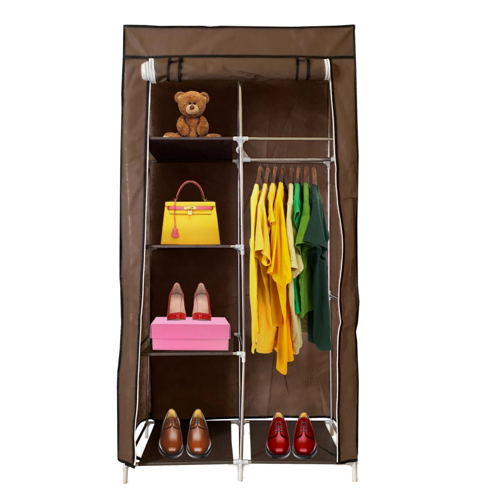 Armadio Vestiario In Tessuto Con Ante Con Cerniera E Tasche Laterali Nyana Home Misure 165x88x45cm Marrone