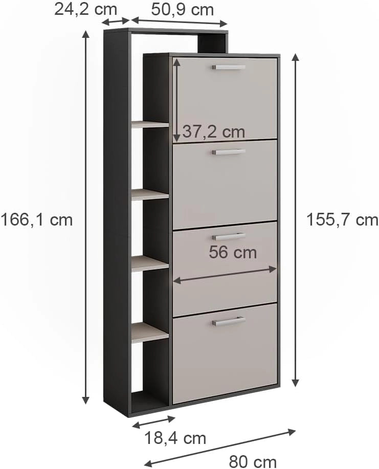 Scarpiera Orlando, Antracite/grigio, 80 x 166.1 cm con 4 scomparti, per la conservazione e l’organizzazione delle scarpe nell’ingresso