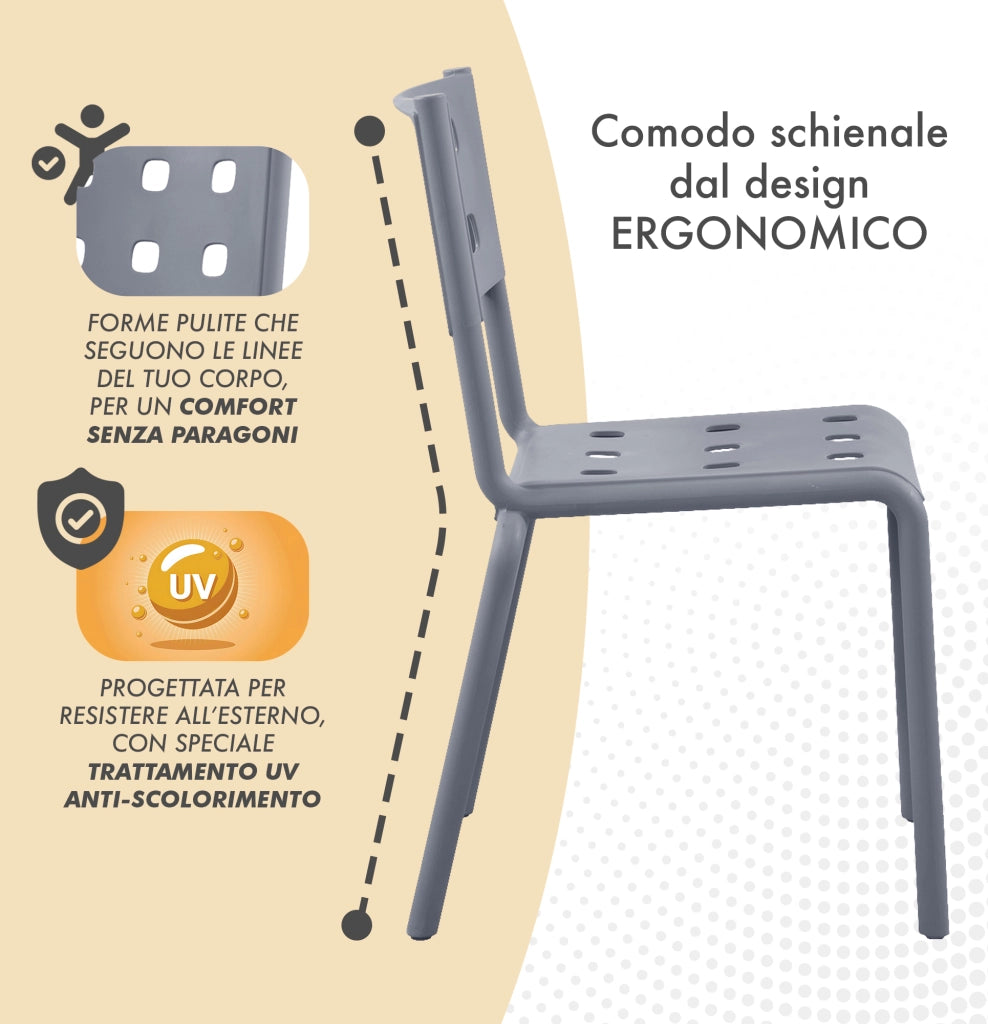 Set 4 Sedie In Polipropilene e Fibra Di Vetro Sedia Cucina Trattamento Uv Antiscolorimento Giardino Interno Esterno Moderne Robuste Resistenti Seduta Terrazzo Soggiorno Bar Ristorante Impilabili Zoe-Grigio