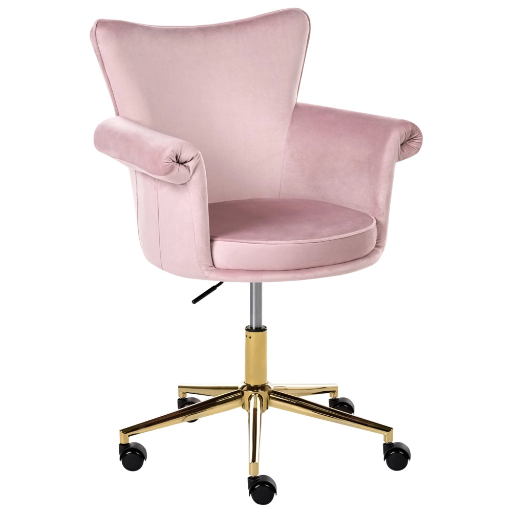 Sedia da ufficio in velluto rosa pastello con meccanismo a gas regolabile in altezza completamente girevole braccioli arrotondati stile moderno