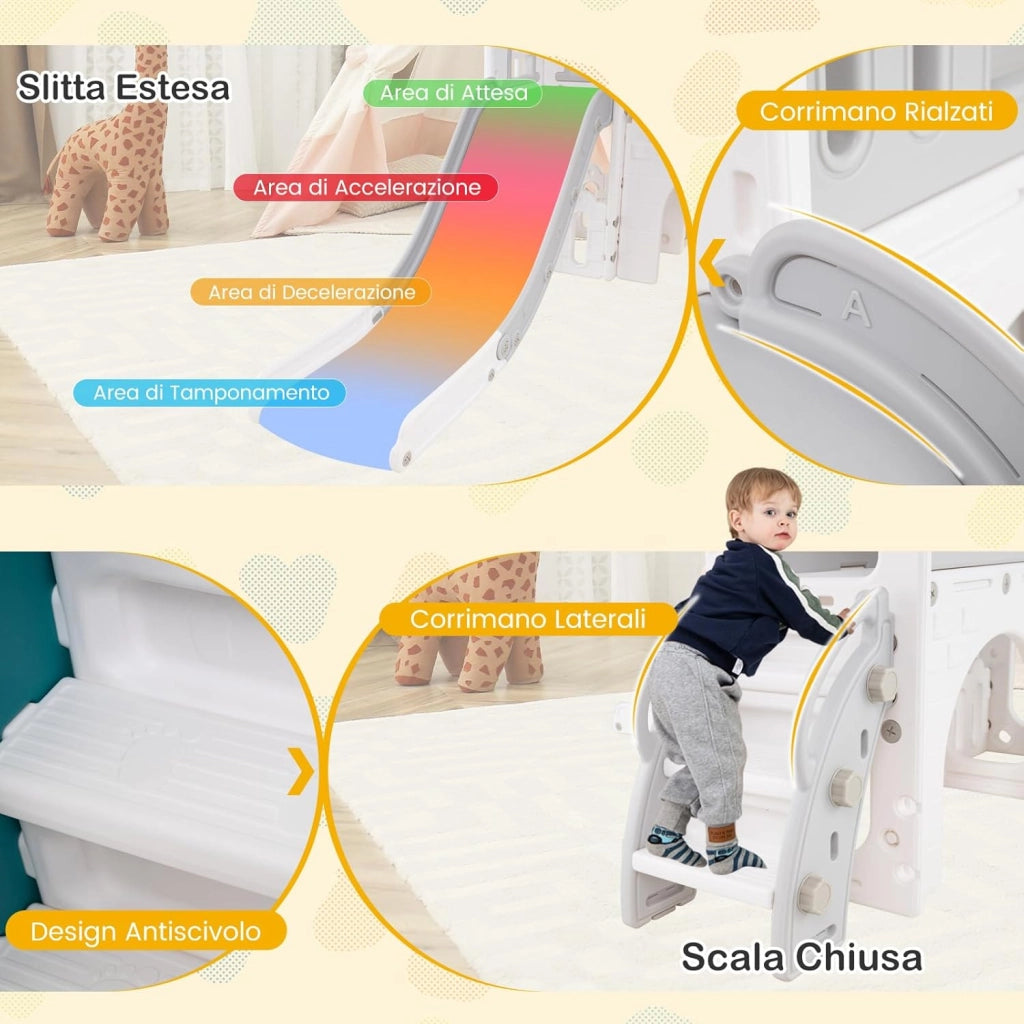 Scivolo per Bambini 9 in 1, Set da Gioco con Canestro da Basket, Telescopio, Volante, Corridoio, Tunnel e Spazio di Archiviazione, Scivolo da Interno ed Esterno per 1+ Anni (Grigio+Bianco)