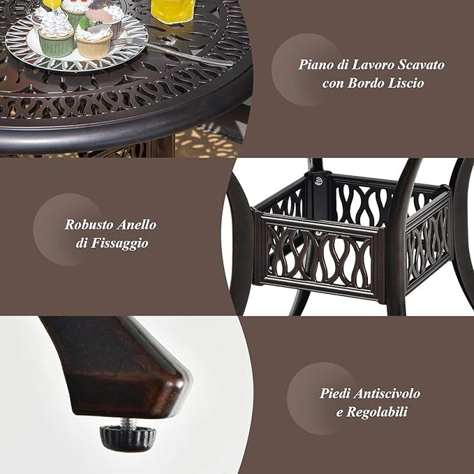 Tavolo da Pranzo Giaridno 91 cm, Tavolo da Bistro con Foro per Ombrellone da 5 cm, Tavolino Rotondo per Giardino Balcone Terazza, Portata 75 kg