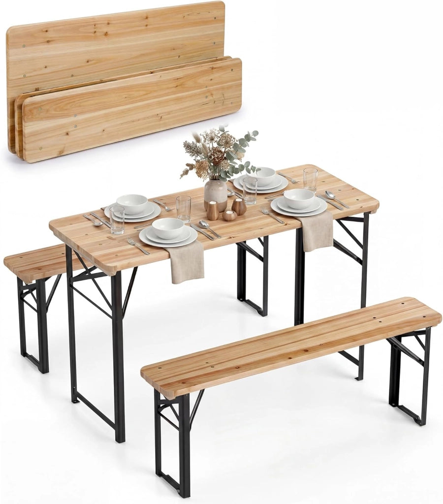 Tavolo e Panche da Birreria Pieghevoli in Legno Massello, Gambe in Metallo Resistenti, Set da Giardino Esterno per 4 Persone per Campeggio, Picnic e Incontri all'Aperto, 118 x 50 x 75 cm