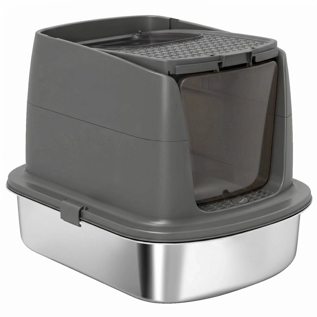 Lettiera per Gatti Chiusa in Acciaio Inox ¨C Xylo ¨C con Paletta Metallica e Sacchetti Deodoranti, Grigio Scuro