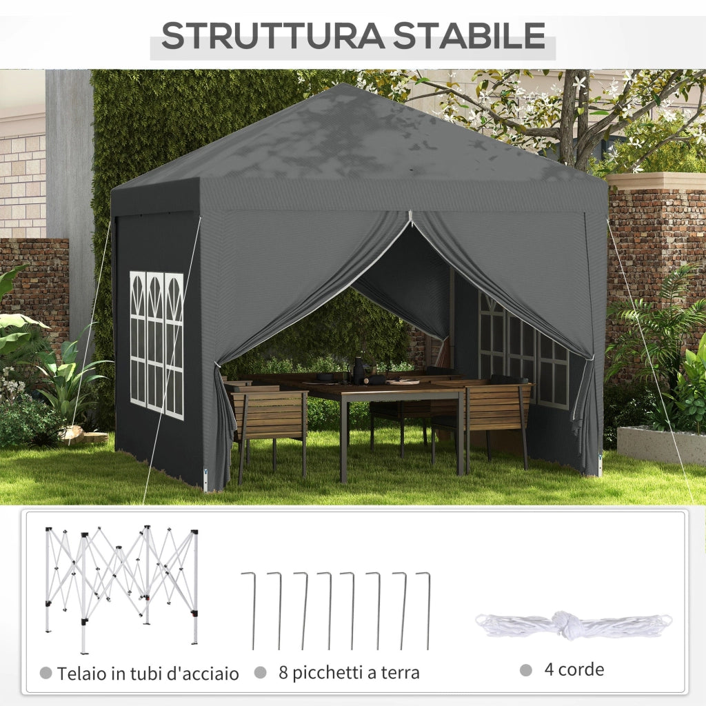 Gazebo da Giardino 3x3 m Pieghevole con 4 Pannelli Laterali in Acciaio e Tessuto Oxford Grigio