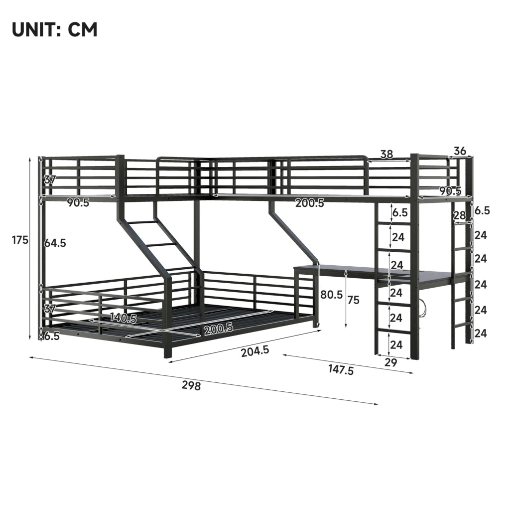 Letto a castello a tre posti con scrivania; 90x200 cm e 140x200 cm; in metallo e MDF; nero
