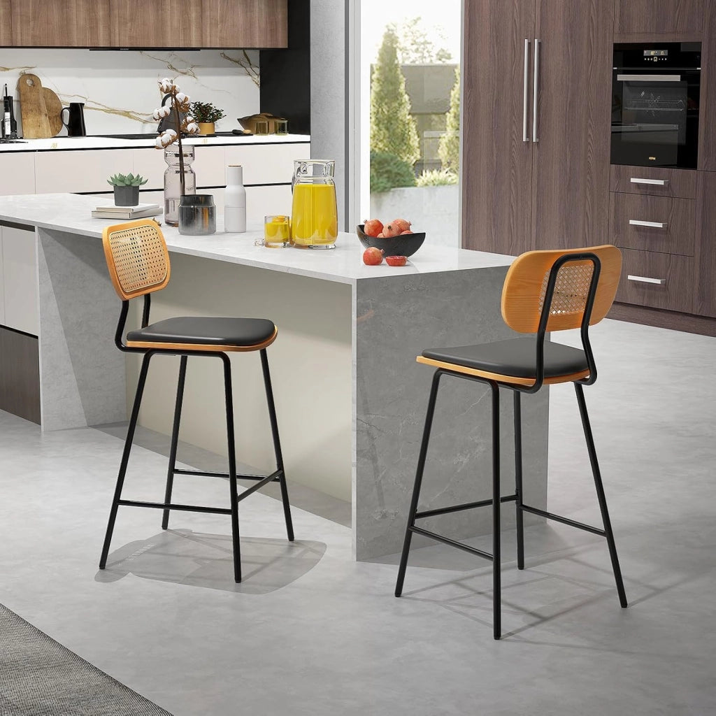 Set di 2 sgabelli da bar, sedia da bar con schienale in rattan, gambe in metallo, sedie da pranzo con seduta curva imbottita e poggiapiedi a 3 lati, per cucina, soggiorno