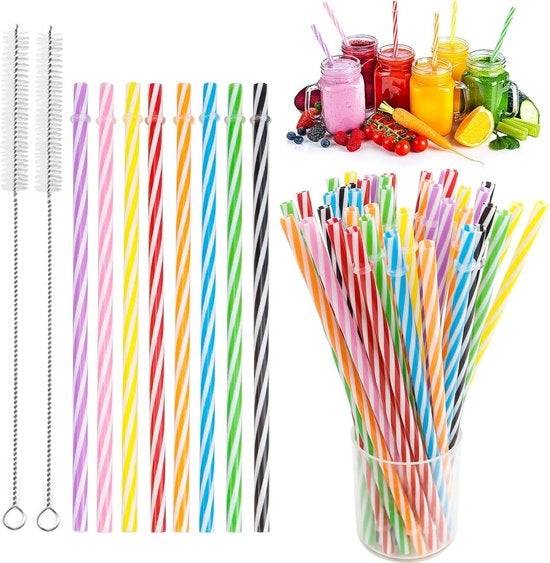 Riciclabili - set di bastoncini in plastica colorati - bastoncini per smoothie - sap cocktail - beveraggio caldo con spazzola per pulizia.