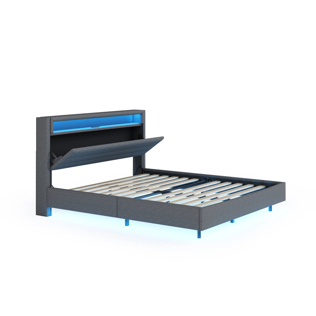 Letto imbottito matrimoniale 140×200 cm con USB; LED e testiera reversibile; senza materasso; grigio
