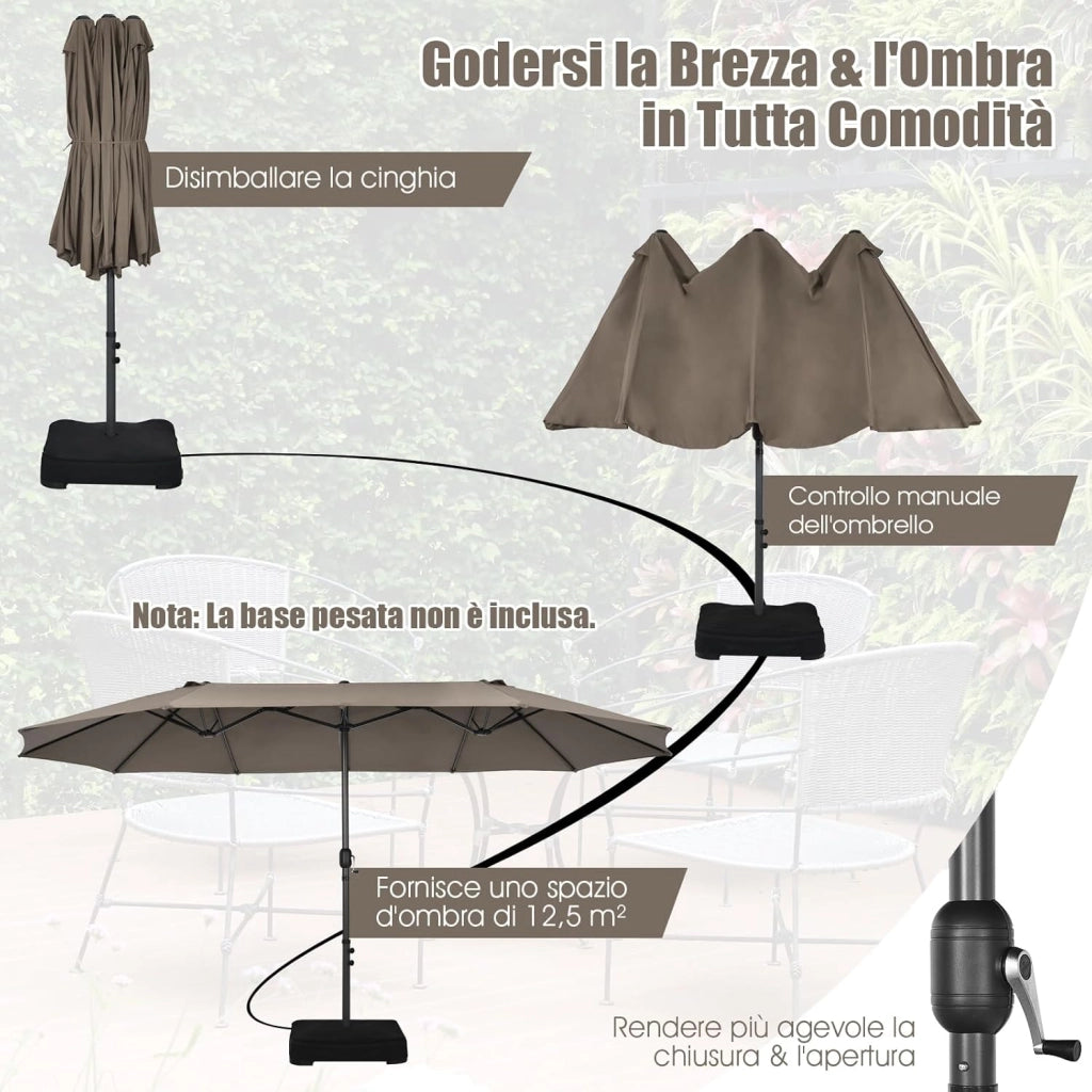 Ombrellone da Giardino Doppio 470 cm, con Manovella e 12 Stecche, Ombrellone Rettangolare Pieghevole, per Giardino Piscina Terrazza, 470 x 280 x 245 cm (Marrone)