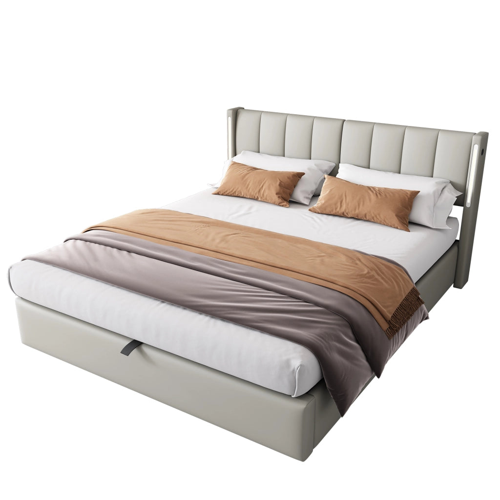 Letti contenitori 160x200 cm con USB e luci LED; PU; grigio (Senza materasso)