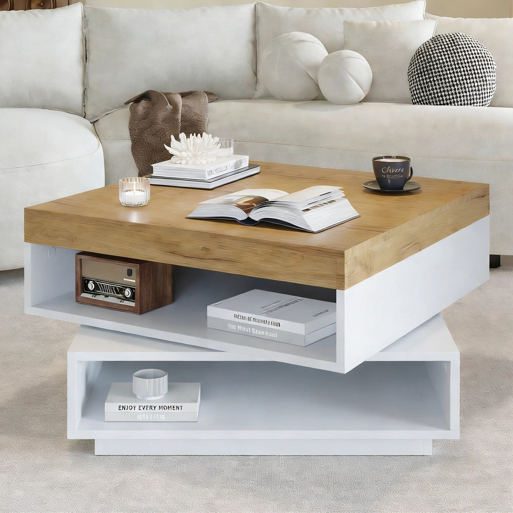 Tavolino da Caff¨¨ con LED Rotante 360¡ã ¨C MINIMAL ¨C Bianco/Legno 65x65x40