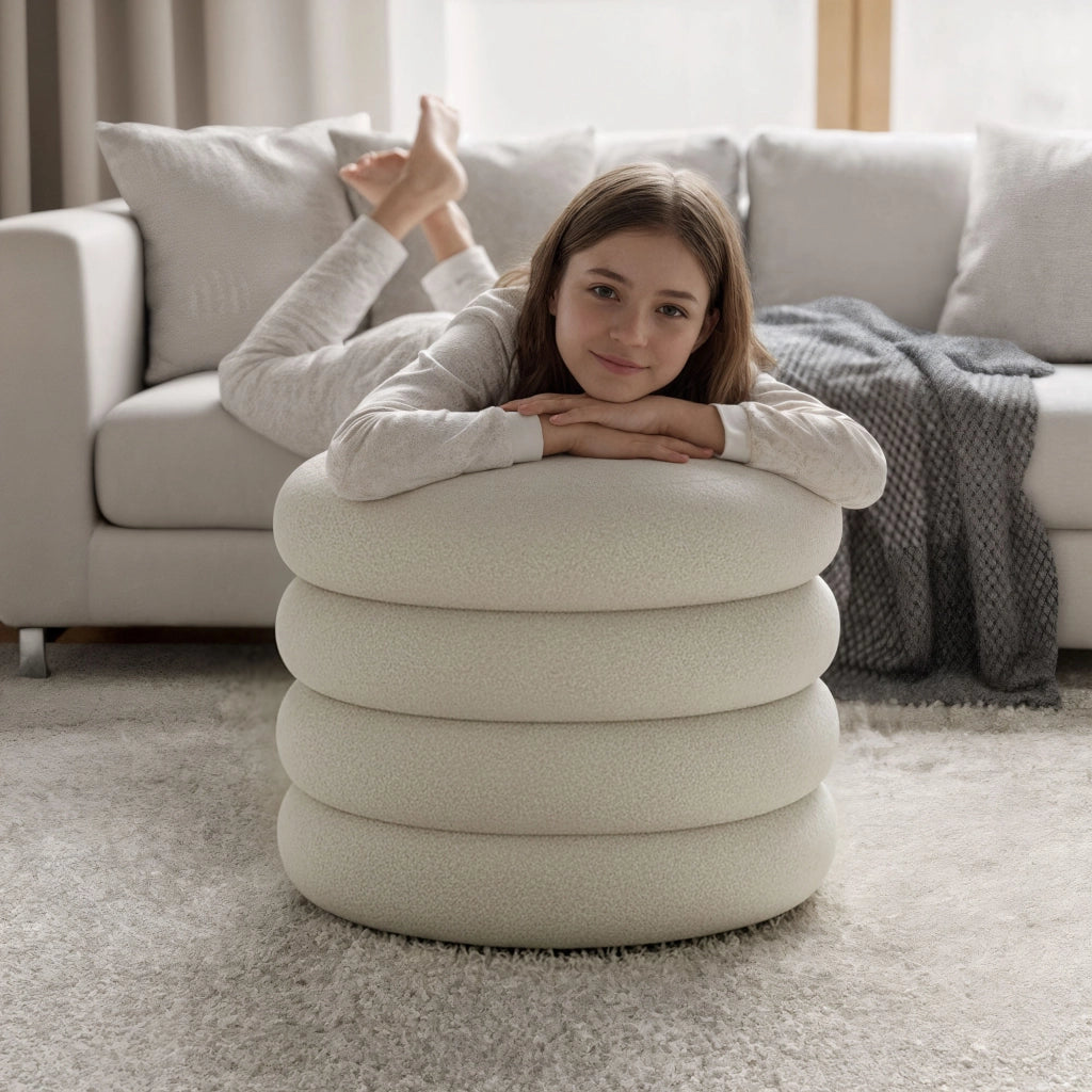 Pouf contenitore cilindrico in tessuto teddy 55 cm MOLLIS Bianco Nebbia