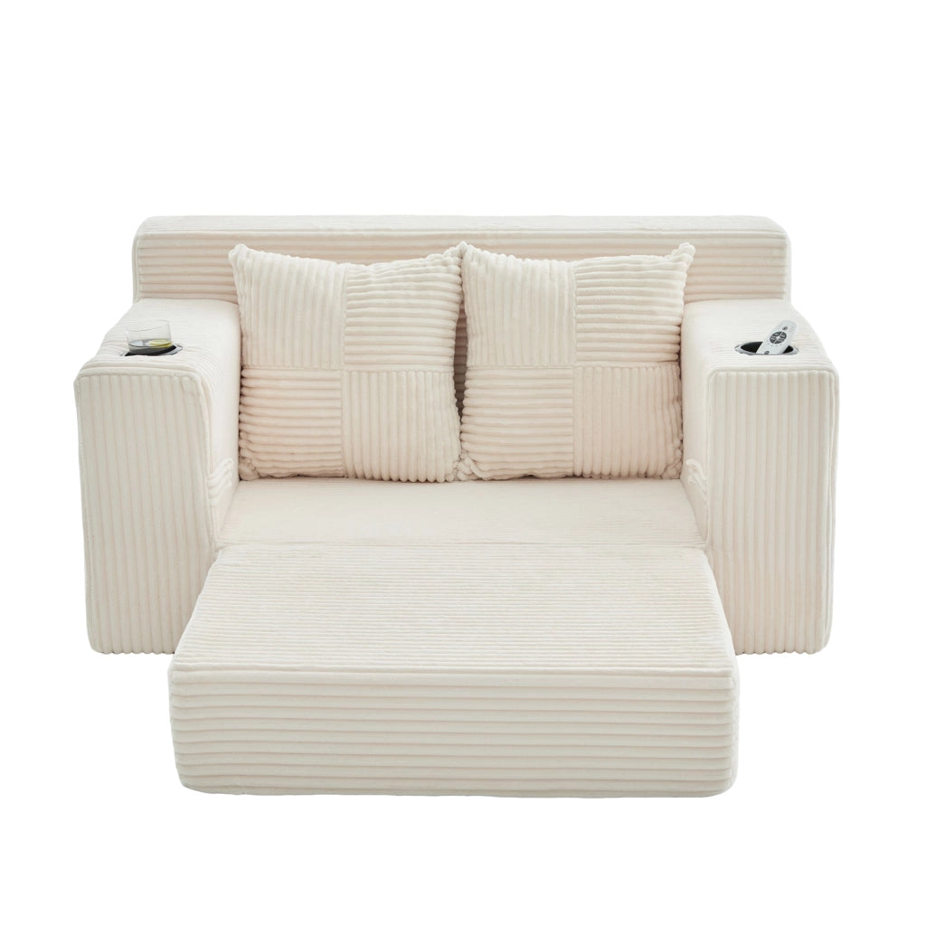 Divano letto a due posti beige in velluto a coste con contenitori laterali