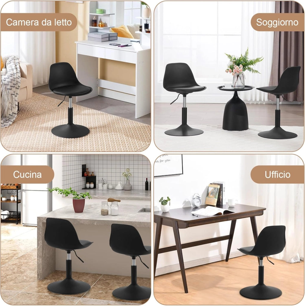 2x Sgabello con Schienale Moderno Sedia da Cucina Girevole a 360° Altezza Regolabile Senza Braccioli in PU Altezza della Sedia 39,5cm-50,5cm Nero BH304sz-2