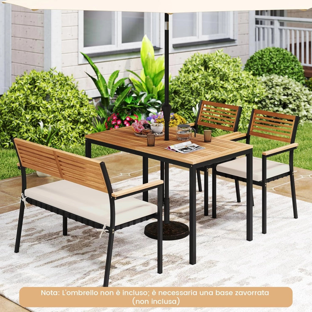 Set Pranzo da Giardino, Tavolo da Pranzo con 2 Sedie e Panca, Mobili da Esterno Ergonomiche Legno di Acacia con Foro per Ombrellone e Comodi Cuscini, per Bordo Piscina, Terrazza