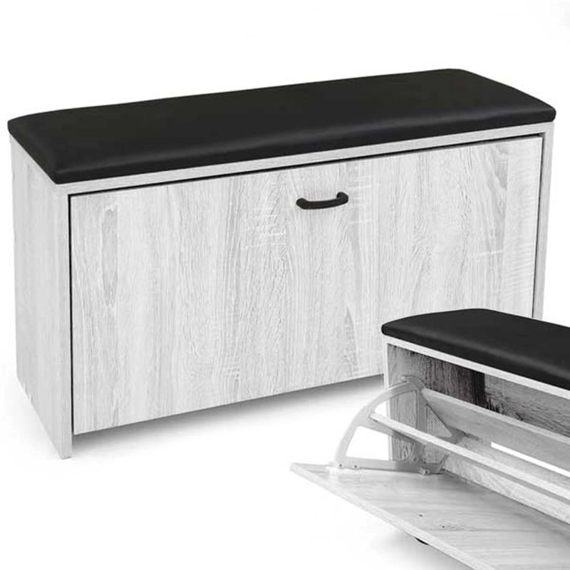 SCARPIERA PANCA IN LEGNO TRUCIOLARE CON CUSCINO, PANNELLO POSTERIORE BIANCO LEGNO 80 X 24 X 41 CM