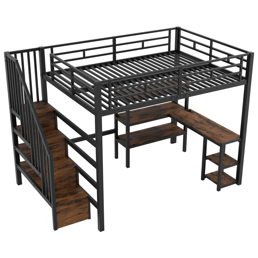 Letto a Soppalco con Scrivania, LED, USB, Cassetti e Scala ¨C MINIMAL ¨C Metallo Nero 140x200