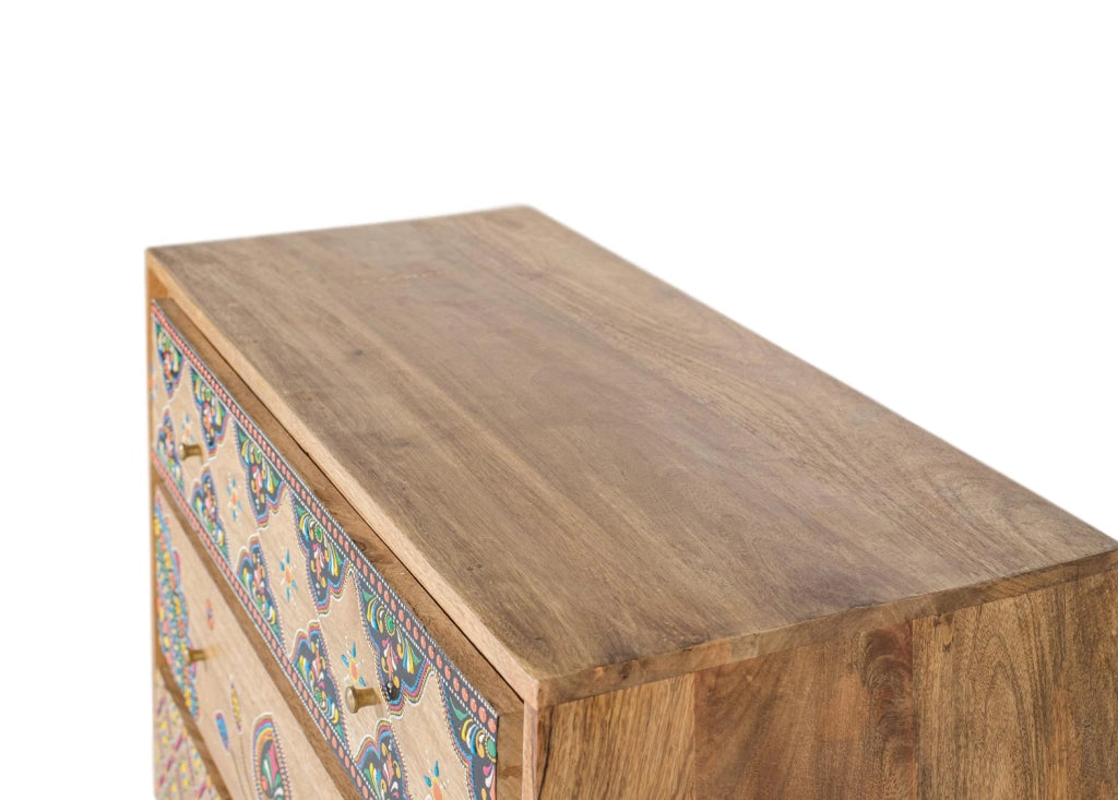 Cassettiera in legno massello di mango con dettagli dipinti a mano