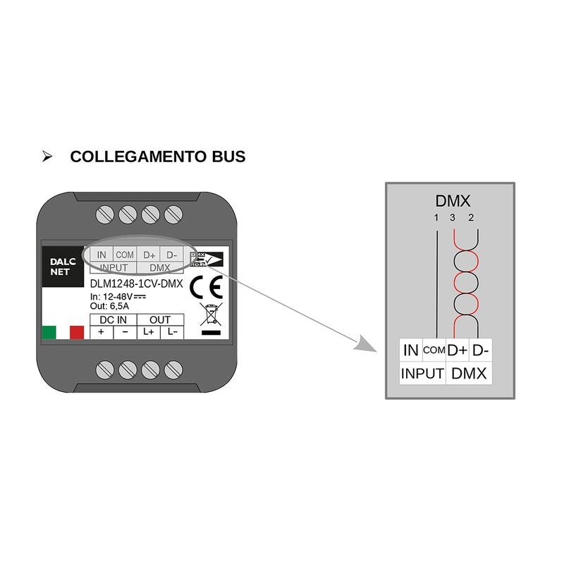 DLM1224-1CV-DMX Led Dimmer Bus DMX512 12V 24V 10A Pulsante N.O. 0/1-10V Potenziometro